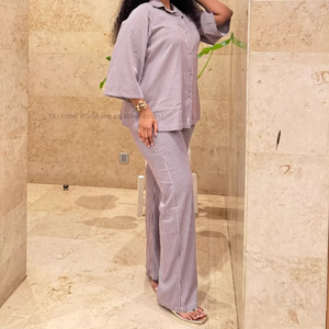 Plus Size Casual Women's Collared Striped Cardigan Shirt Wide-Leg <b>Pants</b> African 2-Piece Set Fashion - Product Image 2