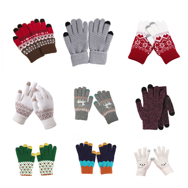 Pure Color Jacquard Gloves for Men Women Winter Wool Acrylic Knit for Touch Screen Gloves Free Size for Ski Casual Outdoor Use