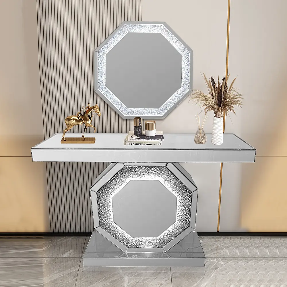 Amerikaanse Stijl Verpletterd Diamant Mirrored Hal Console Tafel Met Led Licht