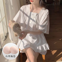 Pyjama d'été en coton tricoté pour femme, manches courtes, respirant, doux, avec dentelle, mode décontractée, taille élastique