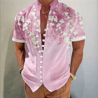 Kemeja Pria Kerah Mandarin Lengan Pendek Bermotif Bunga Kupu-kupu, Slim Fit, Kancing Depan, untuk Musim Panas, Pantai, Pesta, dan Liburan
