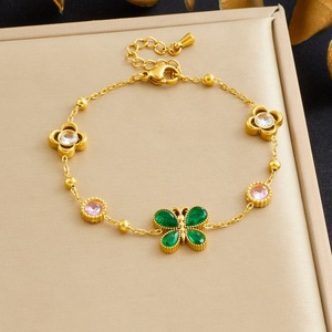 Butterfly Flower Gold Plated Bracelet With Green Stones And Clear Crystals For Women Gift Jewelry - Product Image 1