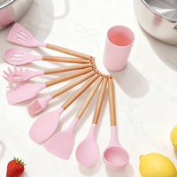 Ensemble d'ustensiles de cuisine en silicone écologique Chef Star 11 pièces, manche en bois, anti-rayures, résistant à la chaleur, anti-adhésif