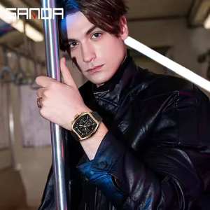 Montre de sport multifonctionnelle pour homme SANDA avec cadran tonneau, bracelet en cuir étanche, double affichage, 6235 - Product Image 4