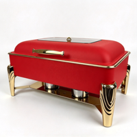 Plat de service de luxe 9L en acier inoxydable, chauffe-plat de buffet rouge et or avec couvercle en verre visible pour banquets d'hôtel