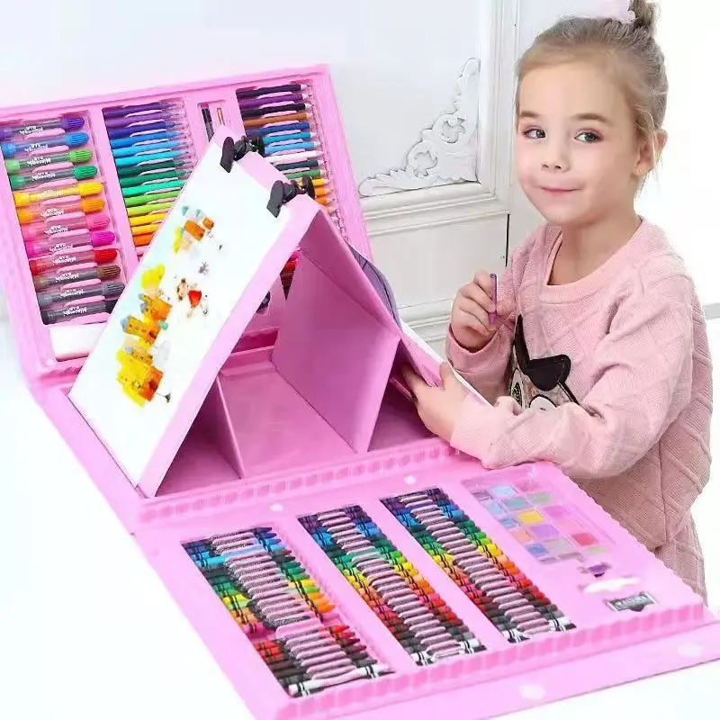 Venda quente Dobra Tripla 208 Peças Kit Pintura a Cores Crianças DIY Colorido Desenho Art Set Com Cavalete