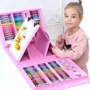 Hot Selling Triple Fold 208 Pieces Colour Painting Kit Children DIY Colorful Drawing Art Set With Easel