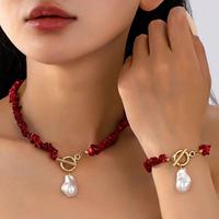 Collier en pierres naturelles concassées et perles de verre, pendentif perle baroque, chaîne de clavicule, bracelet, ensemble de bijoux de mode pour femmes