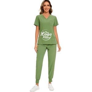 Women's Nurse <b>Scrub</b> Set-Hospital Uniforms Stretch V-Neck <b>Scrub</b> <b>Top</b> & Jogger Pant 8 Pockets 100% Polyester - Product Image 1