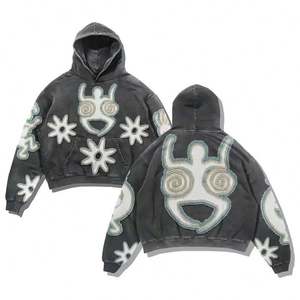 Vente en gros Heavyweight Distressed Hoodies Unisexe Broderie Patch Pull Acide Lavé Broderie Oversize Hommes Sweat à capuche - Product Image 3