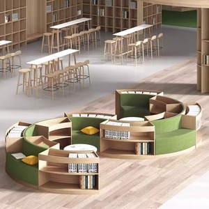 Estantería de biblioteca de madera moderna personalizada, sofá de esquina de lectura escolar, área de descanso de combinación curva integrada - Product Image 1