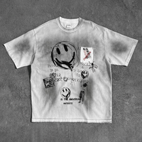 Kaos Grafis Katun Mercerized Vintage Custom untuk Pria, Ukuran Oversize, Gaya Graffiti Streetwear Y2K, Kaos Distressed