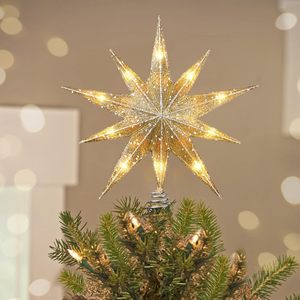 Vintage moderne LED-sterboomtopper met USB-aansluiting, afstandsbediening en kerstverlichting ornament in champagne-goud voor decoratie - Product Image 1
