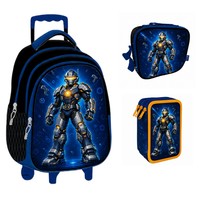 Ensemble de 3 sacs d'école à roulettes personnalisés pour garçons, thème Mech Armor bleu, sac à dos roulant pour étudiant, sac à déjeuner, trousse à crayons