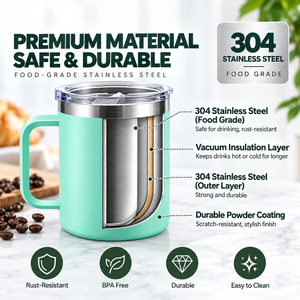 Gobelets isothermes en acier métallique personnalisables de 12 oz, 14 oz et 16 oz, réutilisables, pour le bureau, le café, les voyages, avec poignée et couvercle, en gros - Product Image 2