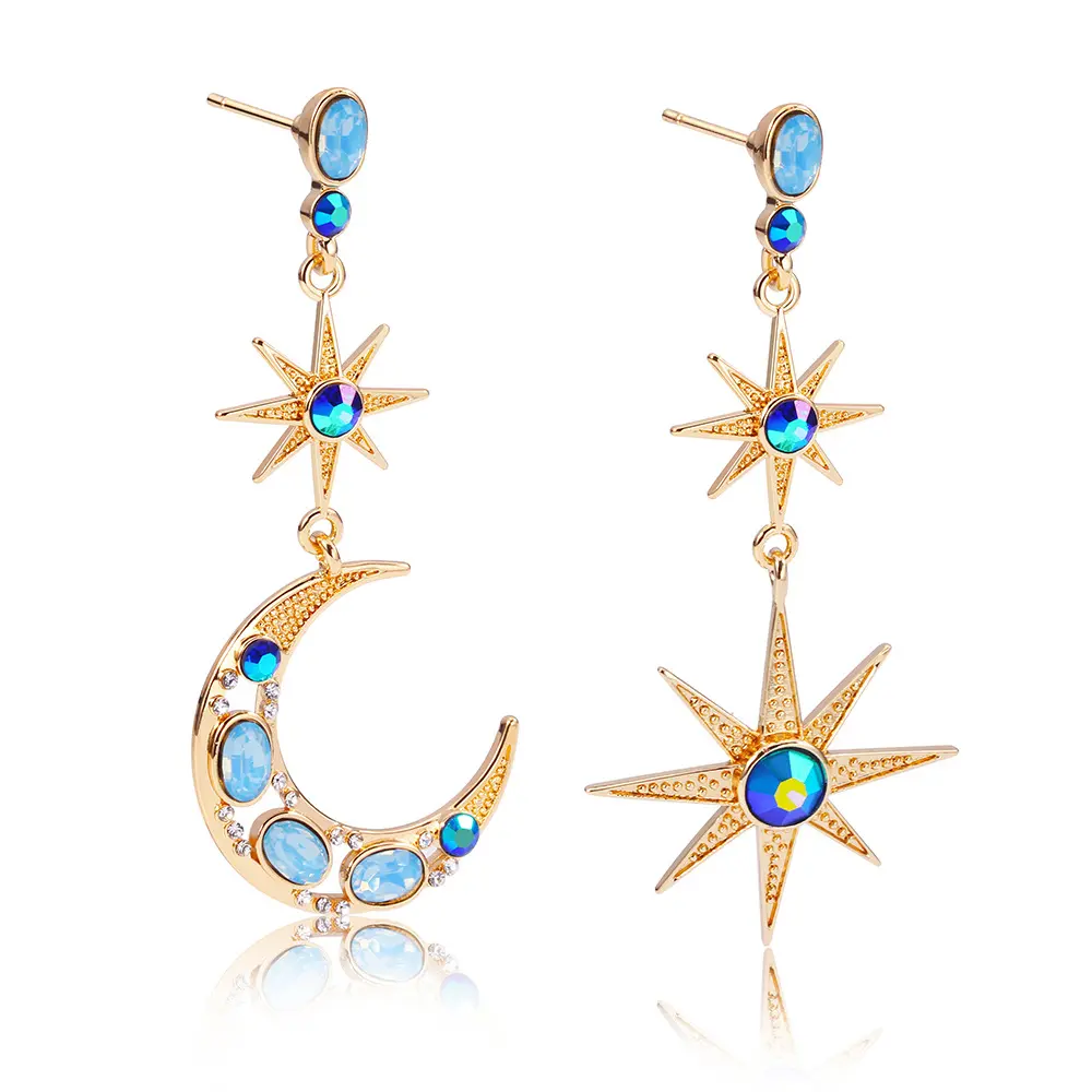 Asymmetry Moon and Star earrings High quality 18K gold plated long Alloy earrings with opal and Rhinestones