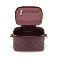 Boîte à bijoux en cuir véritable matelassée imperméable de couleur bordeaux, sac à maquillage à bandoulière avec longue sangle et poignée pour femme