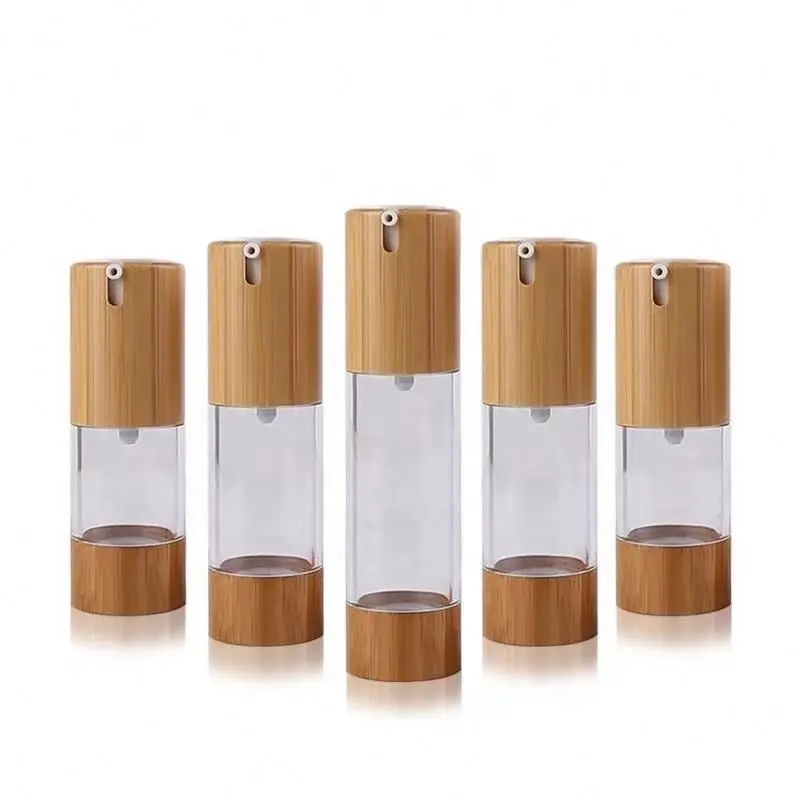 Cuctom 15ml 30ml 50ml 80ml 100ml bottiglie airless vuote per lozione rotonda con coperchi in bambù
