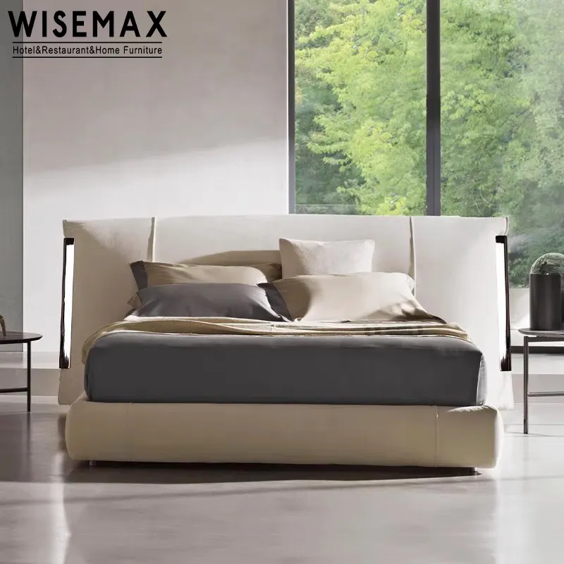 Meubles WISEMAX Lit léger de luxe en cuir personnalisé Meubles de chambre à coucher Rectangle en bois Lit double King Size avec pieds en métal pour la maison