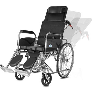 Manual Reclining Wheelchair Foldable For Seniors Black Leather Seat With Adjustable Backrest And <b>Footrests</b> - Product Image 1