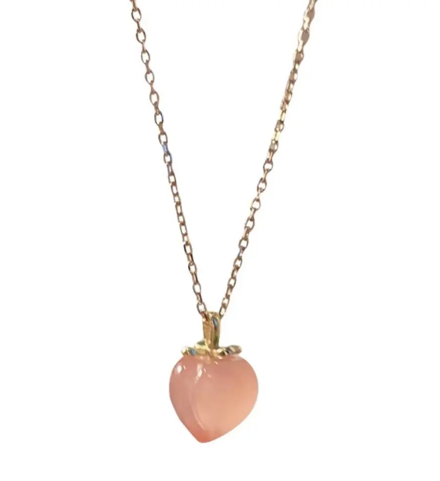 New 14K Gold Plated Metal Chain Sweet Fruit Jewelry For Women Girls Natural Stone Quartz Red Peach Cherry Pendant Agate Necklace