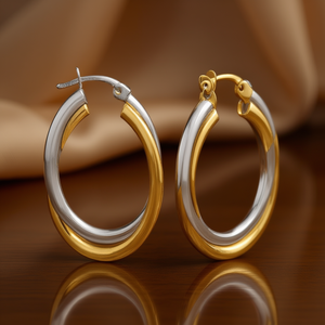 Pendientes de aro E440 de dos tonos en plata 925, diseño moderno, para uso diario de mujer - Product Image 2