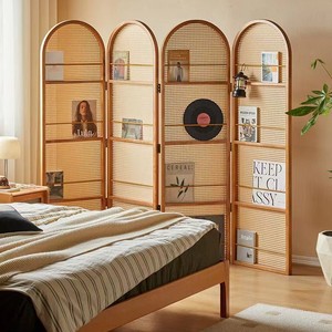 Retro Style Movable Rattan Folding <b>Screen</b> Solid Wood Frame Room Divider For Living Room Bedroom Entryway Partition With Shelves - Product Image 3