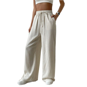 Pantalon ample en lin gris pour femmes printemps ODM approvisionnement dernière tendance classique cordon de serrage Design bas quantité minimale de commande - Product Image 3