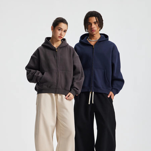 Vente en gros de sweats à capuche BOXY courts et larges à double fermeture éclair, doublés de polaire respirante, de haute qualité, pour hommes, automne-hiver - Product Image 1
