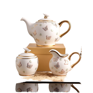 Service à café classique en porcelaine écologique avec motif papillon en relief, comprenant tasses, soucoupes et pot - Product Image 1