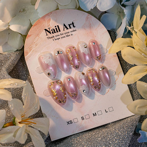เล็บปลอมสีชมพูหวาน 30 ชิ้น แบบอัลมอนด์ ประดับมุก กลิตเตอร์ ลายตาแมว ฟอยล์ทอง ลายดอกไม้ ขายส่ง - Product Image 2