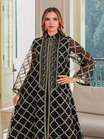Ensemble Abaya Musulmane Luxe Personnalisé Gris Noir Élégant 2026 Dubaï, Tissu Transparent, Détail Broderie Or Uni, Robe Longue Modeste Hiver