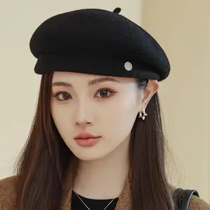 Damen Südkorea Herbst und Winter neues Gesicht klein solide Farbe schlichte Mode britischer Retro-Maler Hut hell luxus Wollbarrett