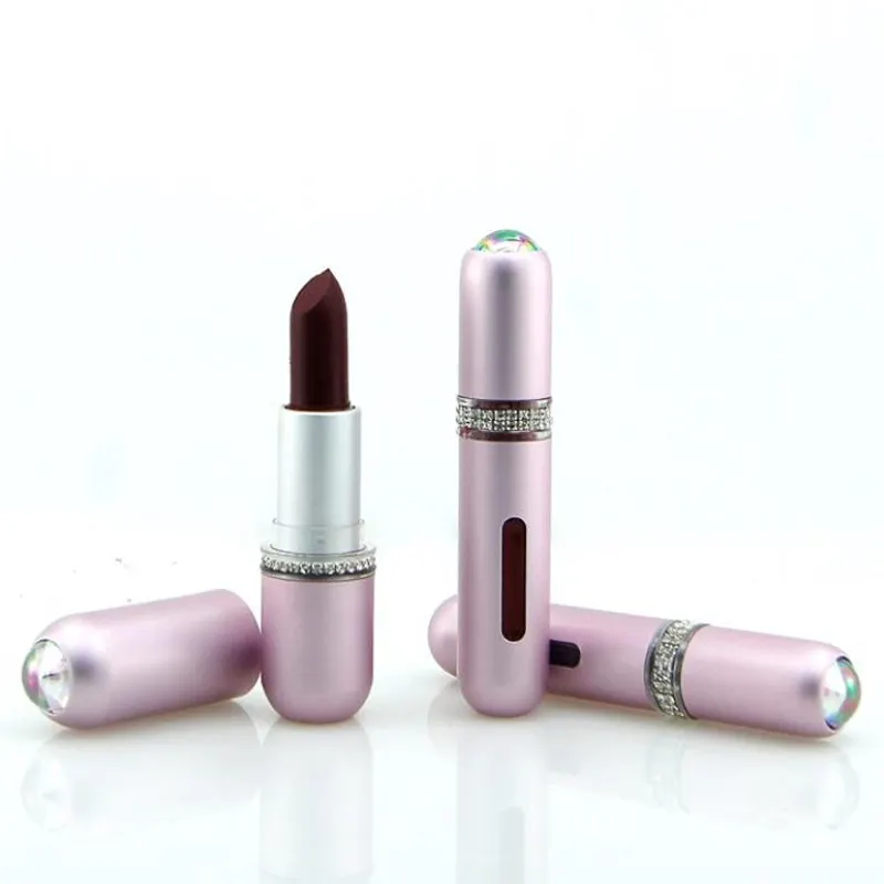 Mini tubo de lápiz labial para mujer, envase de Metal de aluminio de lujo de diamante rosa para bálsamo labial