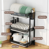 Étagère de rangement murale de cuisine pliable en métal, égouttoir à vaisselle à 3 niveaux, support pour couteaux et planches à découper, porte-baguettes, noir