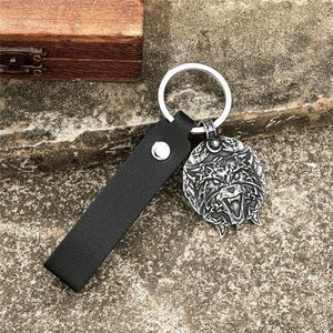 Viking Wolf Head <b>Keychain</b> Metal Engraved Pendant Zinc Alloy Outdoor Keyring Leather Carabiner Jewelry Unisex Gift - Product Image 4