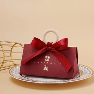 Eco Friendly Foldable <b>Candy</b> Gift <b>Box</b> Recycled Paper Wedding Packaging with Custom Bow and Wooden Ring - Product Image 4