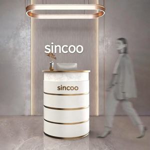 2025 Trending Modern Custom Semi-circular Beauty Salon Reception <b>Desk</b> with Wood Panel Design <b>Nail</b> Salon Use - Product Image 1
