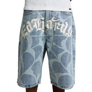 <b>Men's</b> Casual Wide Leg Graphic Print Denim <b>Shorts</b> 100% Cotton Loose Fit Washed Streetwear <b>Knee</b> <b>Length</b> Jean <b>Shorts</b> - Product Image 3