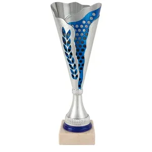 Coppa Sportiva Argentata con Dettagli Blu e Base Trasparente – Personalizzazione con Logo e Testo - Product Image 1