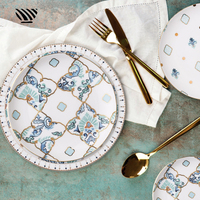 Service de table en porcelaine fine à motif rétro bleu-vert : Assiettes en porcelaine de qualité supérieure et ensemble de vaisselle en céramique élégant avec bordure dorée