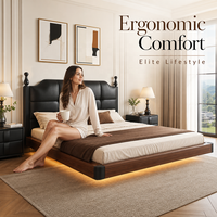 Lit plateforme flottant king-size moderne, capitonné et rembourré, avec bande lumineuse LED chaude, cadre en bois massif, cuir de luxe