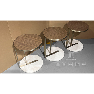 Table basse ronde de style moderne et luxueux, structure en métal doré, plateau en bois brun, base en marbre, table basse pour salon - Product Image 2