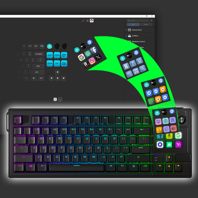 MiraBox K1Pro Gaming Mechanical Keyboard - 78 Red Switch Keys, RGB, LCD Hotkeys, 3 Knobs - Full Anti-Ghosting, Factory Supply