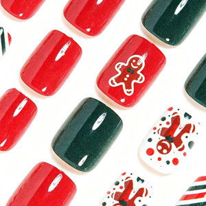 Faux ongles à presser motif bonhomme de pain d'épices mignon de Noël, rayures colorées rouge et vert, pour l'automne et l'hiver, pour fêtes de fin d'année et DIY - Product Image 3