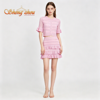Ensemble tricoté pour femme, couleur unie, col rond, haut à manches courtes orné de perles et mini-jupe à volants cascade, patchwork, plissé, ajouré