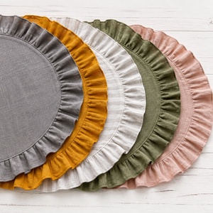 Serviettes en lin français de luxe 100% lin biologique à rayures et bordure à volants pour mariage, serviette en coton et lin brodée, set de table - Product Image 6