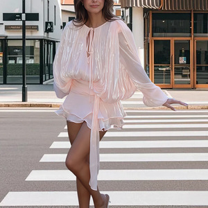 Re Mcgreen blusa in tinta unita blusa Mini abiti da donna manica lunga con lacci in <span class=keywords><strong>stile</strong></span> dolce vestito <span class=keywords><strong>di</strong></span> moda <span class=keywords><strong>femminile</strong></span> - Product Image 2