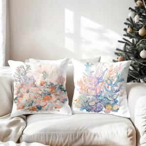 Colorful coral reef throw pillows decorate cozy living room with festive holiday stockings and reindeer antlers - Product Image 3