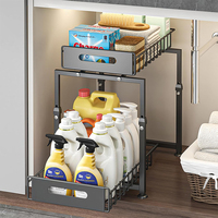 Schwarzer Schrank-Organizer für die Küche, Ausziehbarer Unterschrank-Organizer, Bodenschrank-Organizer, Küchenschrank mit 2 Ebenen und Schublade